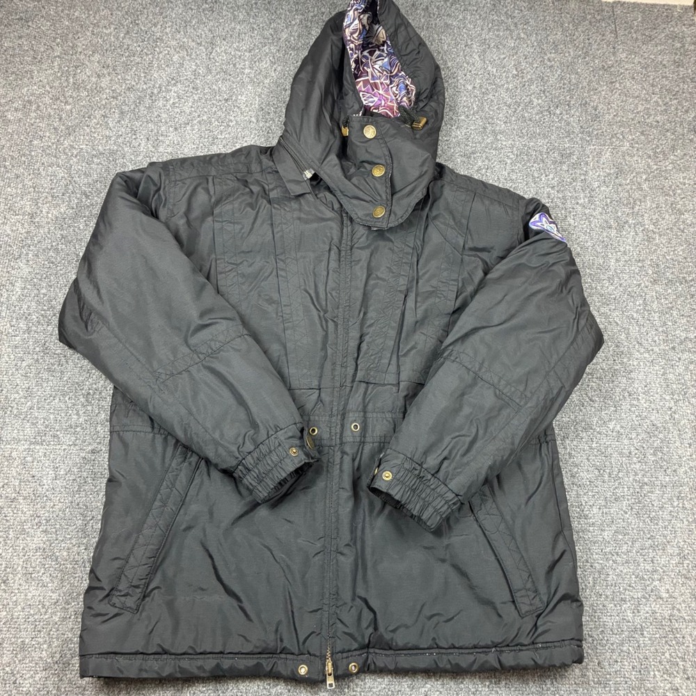 VTG Globe 484 Black Insulated Parka Jacket Tribal Print Lined Mens Size Large